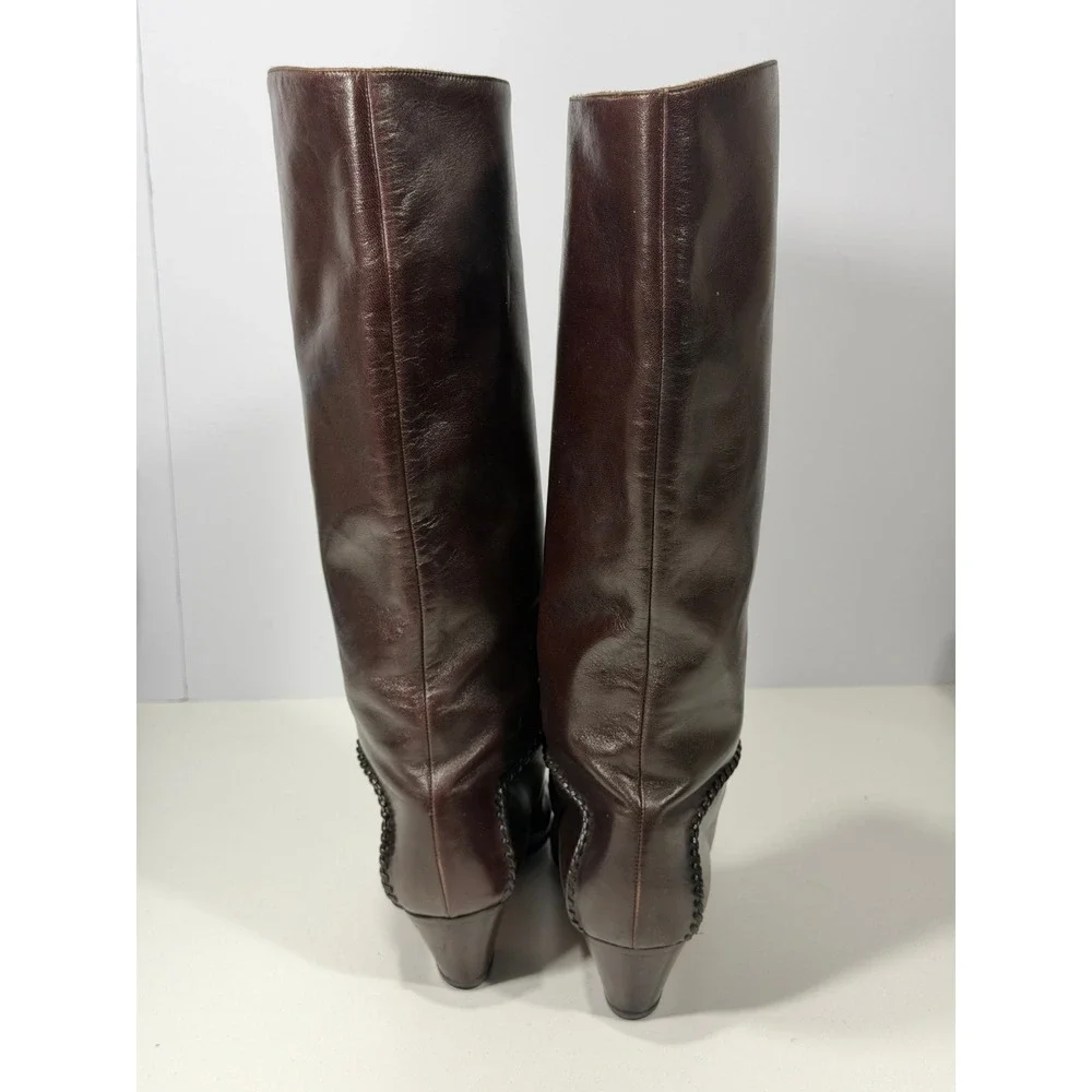 Vero Cuoio Dark Brown Leather Knee High Boots Braided Trim Italy EU 39 US 8.5